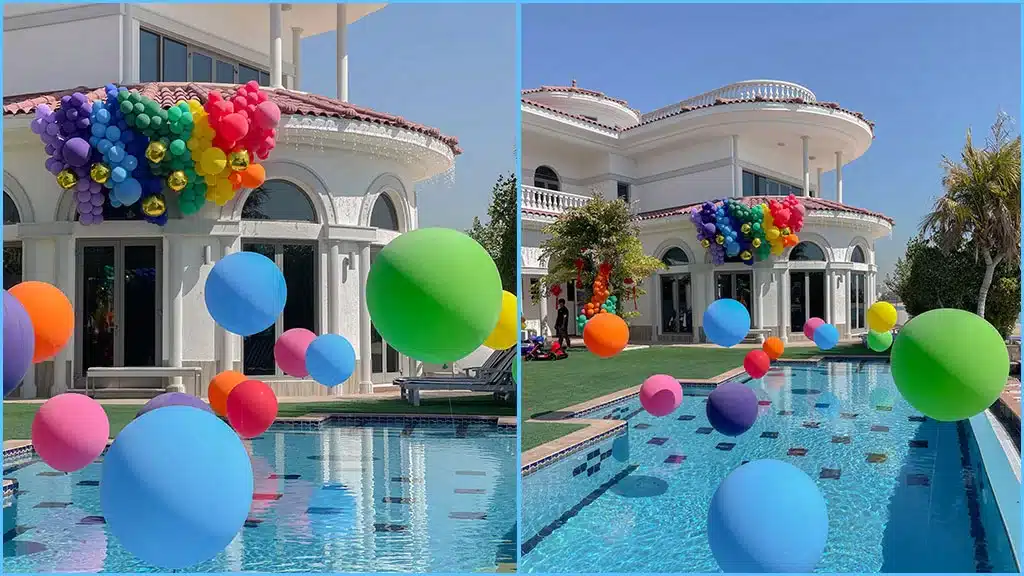 Balloons over a pool showing height of plane